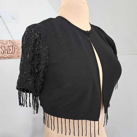 NEW Eva Blue Black Dressy Shrug Cardigan with Embellished Fringe Sleeves Size 6 - Picture 3 of 12